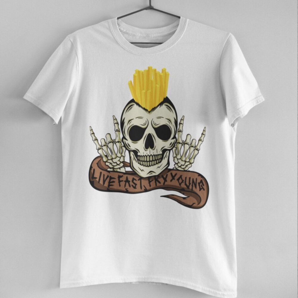 Handmade Live Fast Fry Young Skeleton Unisex White Short Sleeve Shirt S-3XL